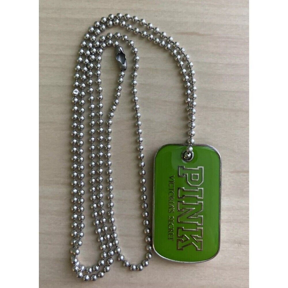Vintage PINK Necklace DOG TAG Limited Edition GREEN - Victoria's Secret LAST ONE
